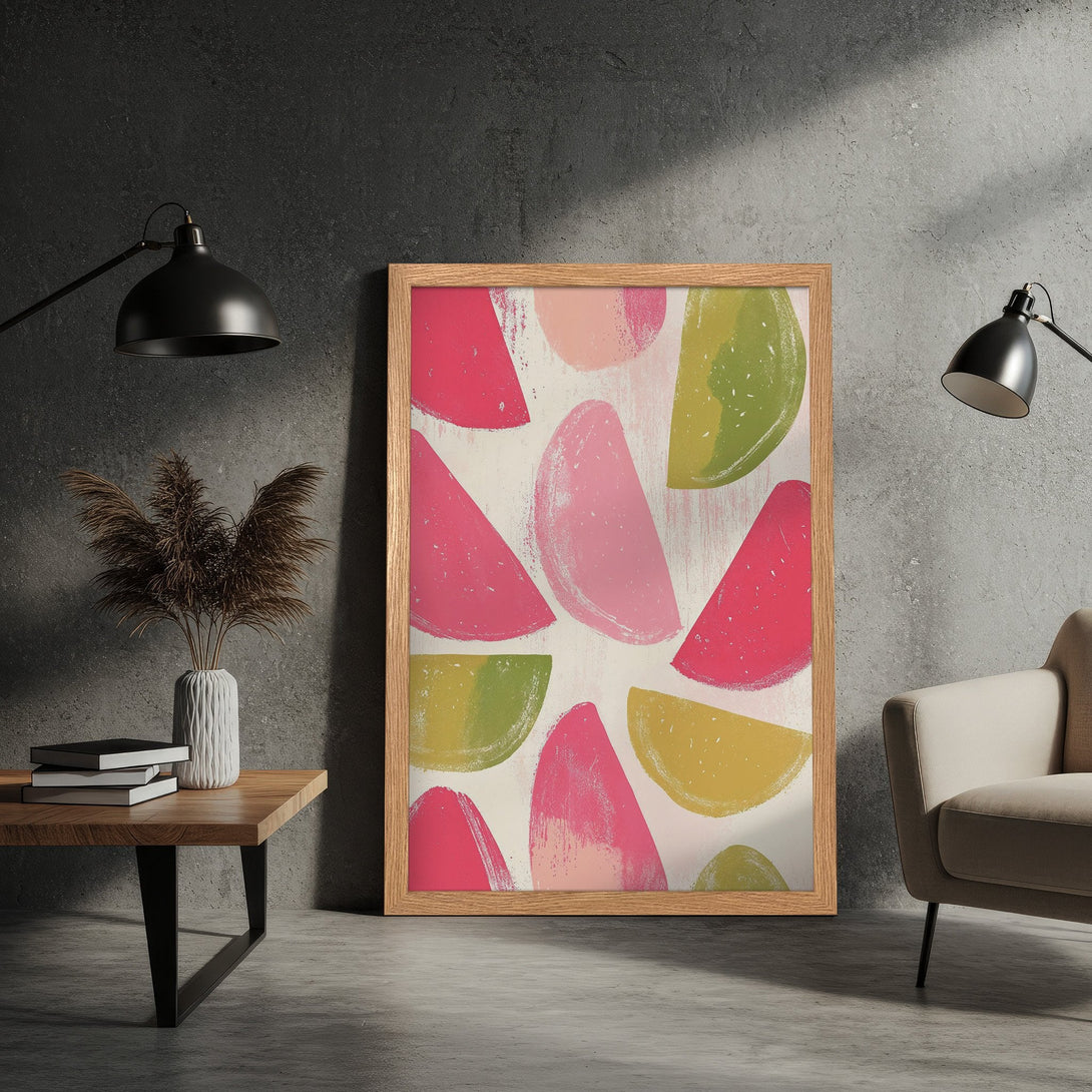 Framed Poster featuring abstract fruit slices in pink, green, and yellow on a white background. Modern art style with a vibrant color palette.