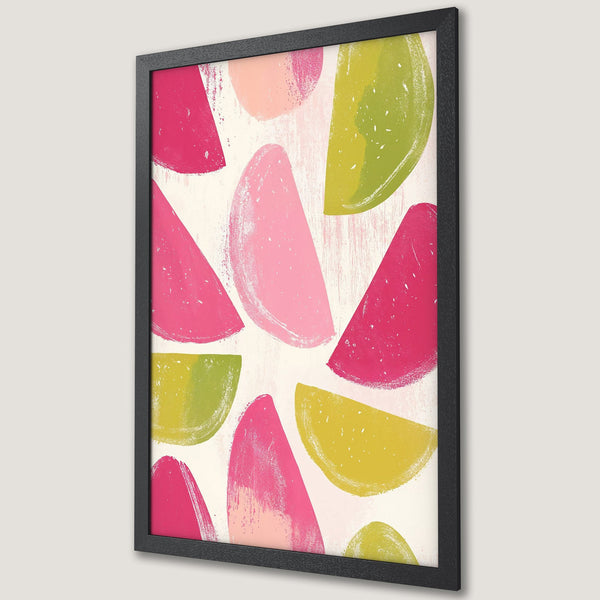 Framed Poster featuring abstract fruit slices in pink, green, and yellow hues. Modern art for your home!