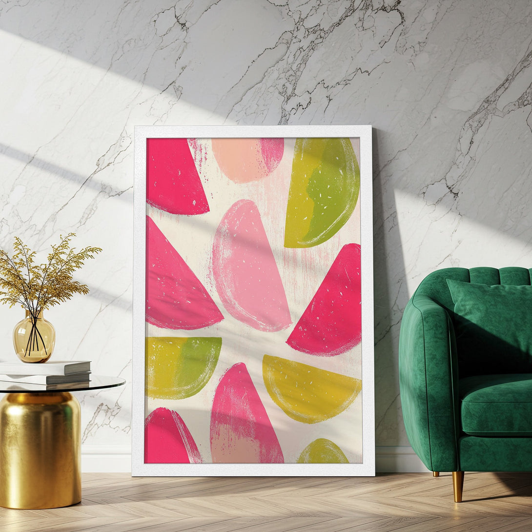 Framed Poster featuring abstract fruit slices in pink, green, and yellow. Modern art style with a vibrant color palette, perfect for home decor.