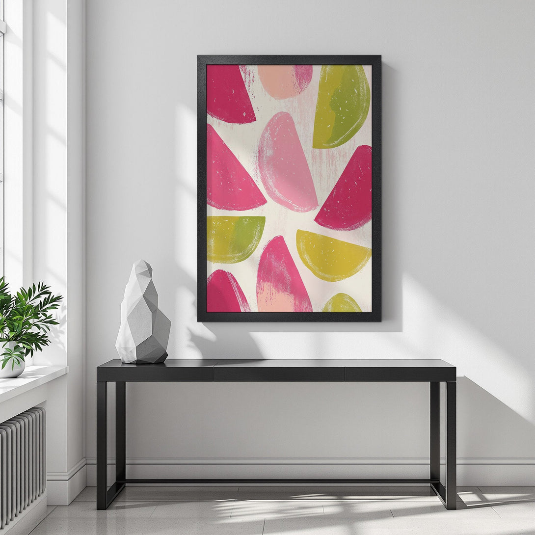 Framed Poster featuring abstract fruit slices in pink, green, and yellow. Modern art style with a vibrant color palette, perfect for home decor.