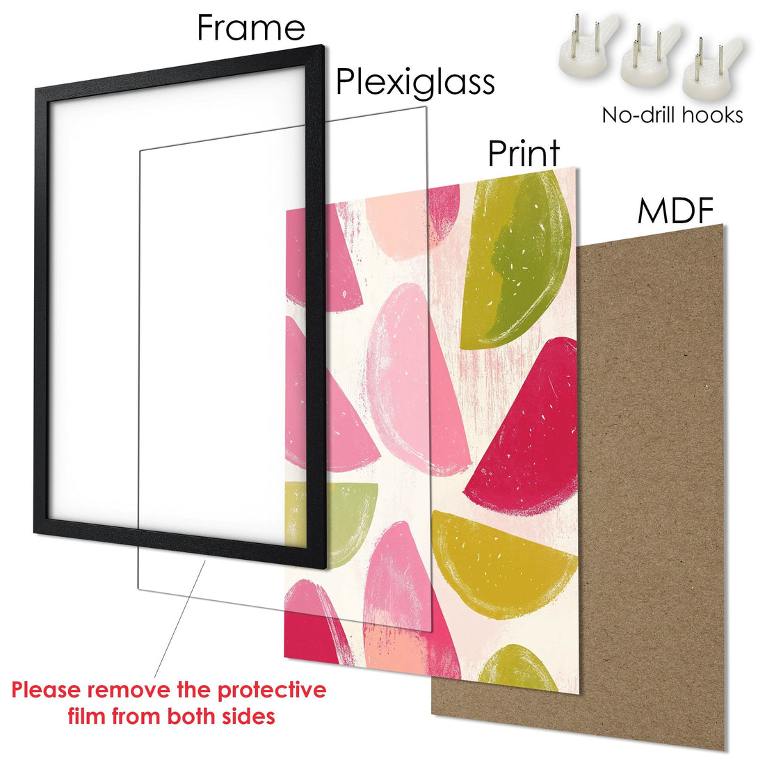 Framed Poster with abstract fruit art in pink, red, and green. Modern wall decor with a neutral background.
