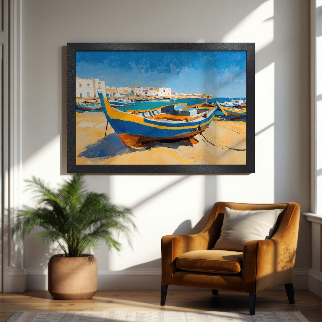 Framed Poster of colorful boats on a beach, impressionist style, blue, yellow, and white palette. Perfect wall art.