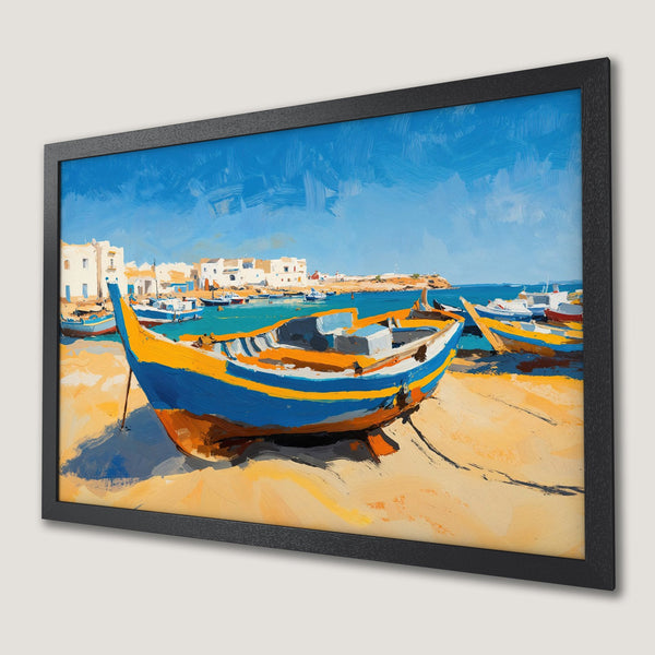 Framed Poster of a vibrant boat scene in an impressionistic style with blue, yellow, and orange hues. Perfect wall art!