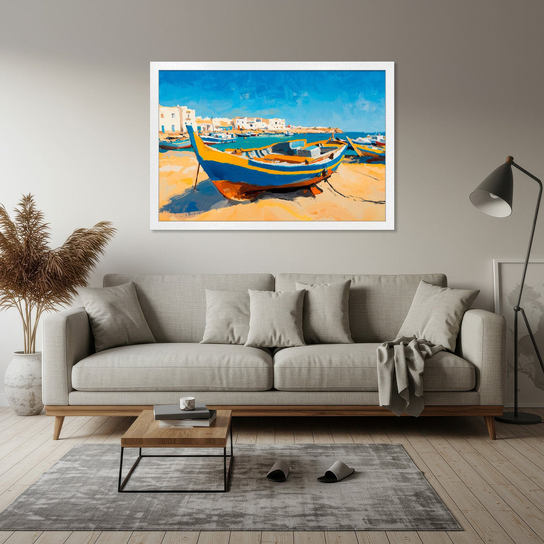 Framed Poster featuring a vibrant boat painting in an impressionistic style with blue, yellow, and white hues. Perfect wall art!