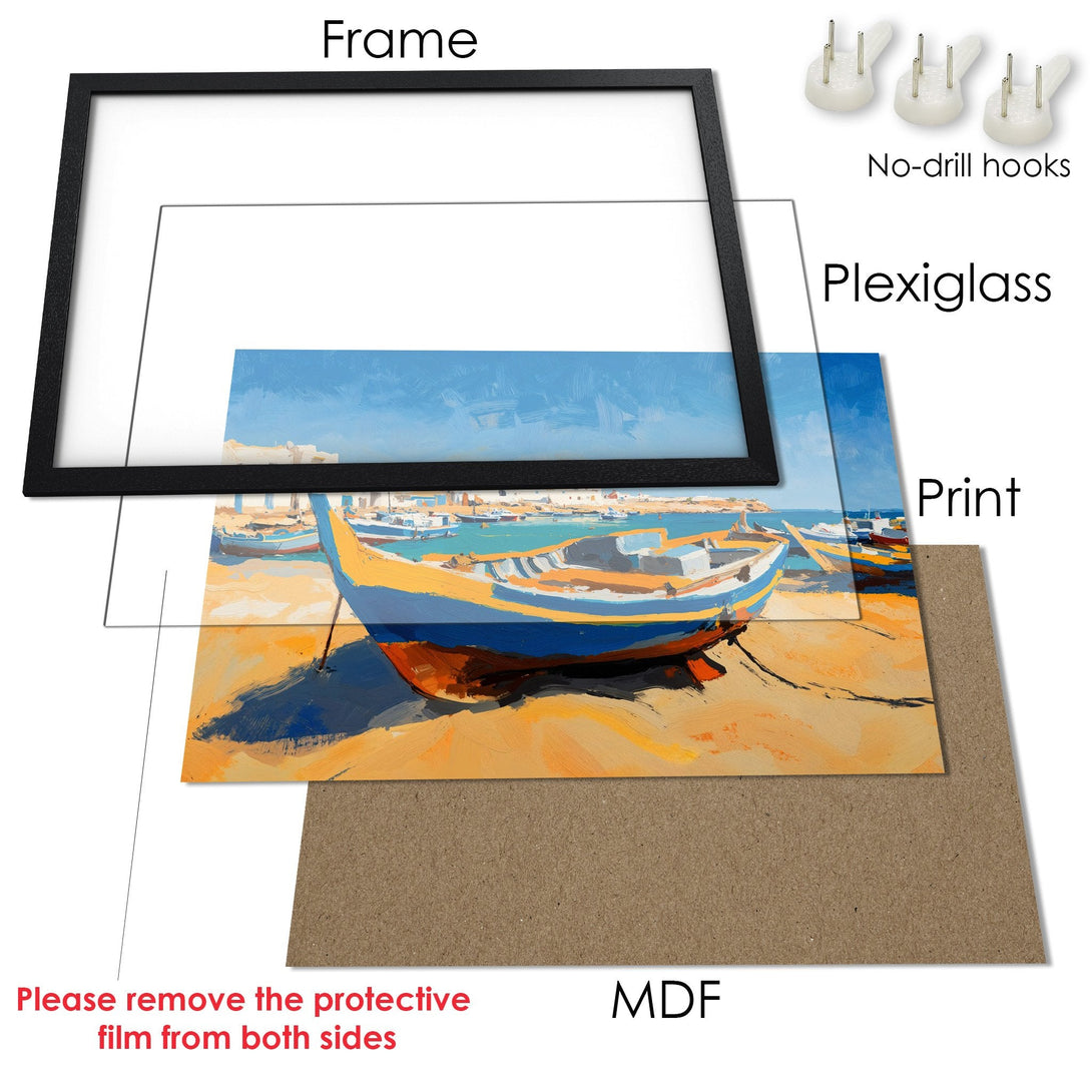 Framed Poster featuring a vibrant boat scene, showcasing a beautiful blue, yellow, and orange color palette. Perfect wall art!
