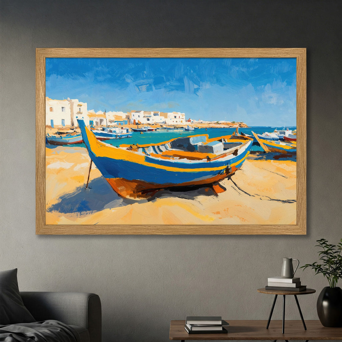 Framed Poster of a boat on a beach, impressionist style with blue, yellow, and orange tones. Perfect wall art for coastal decor.