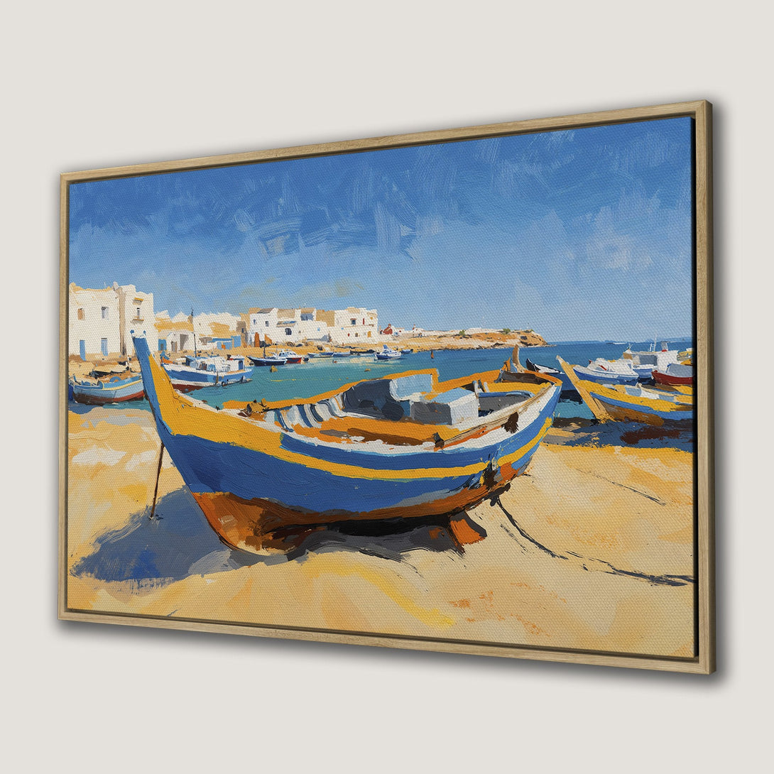 Framed Wall Art: Coastal scene Canvas Print featuring a colorful boat on a sandy beach with blue sky. A beautiful, impressionistic style with a warm color palette.