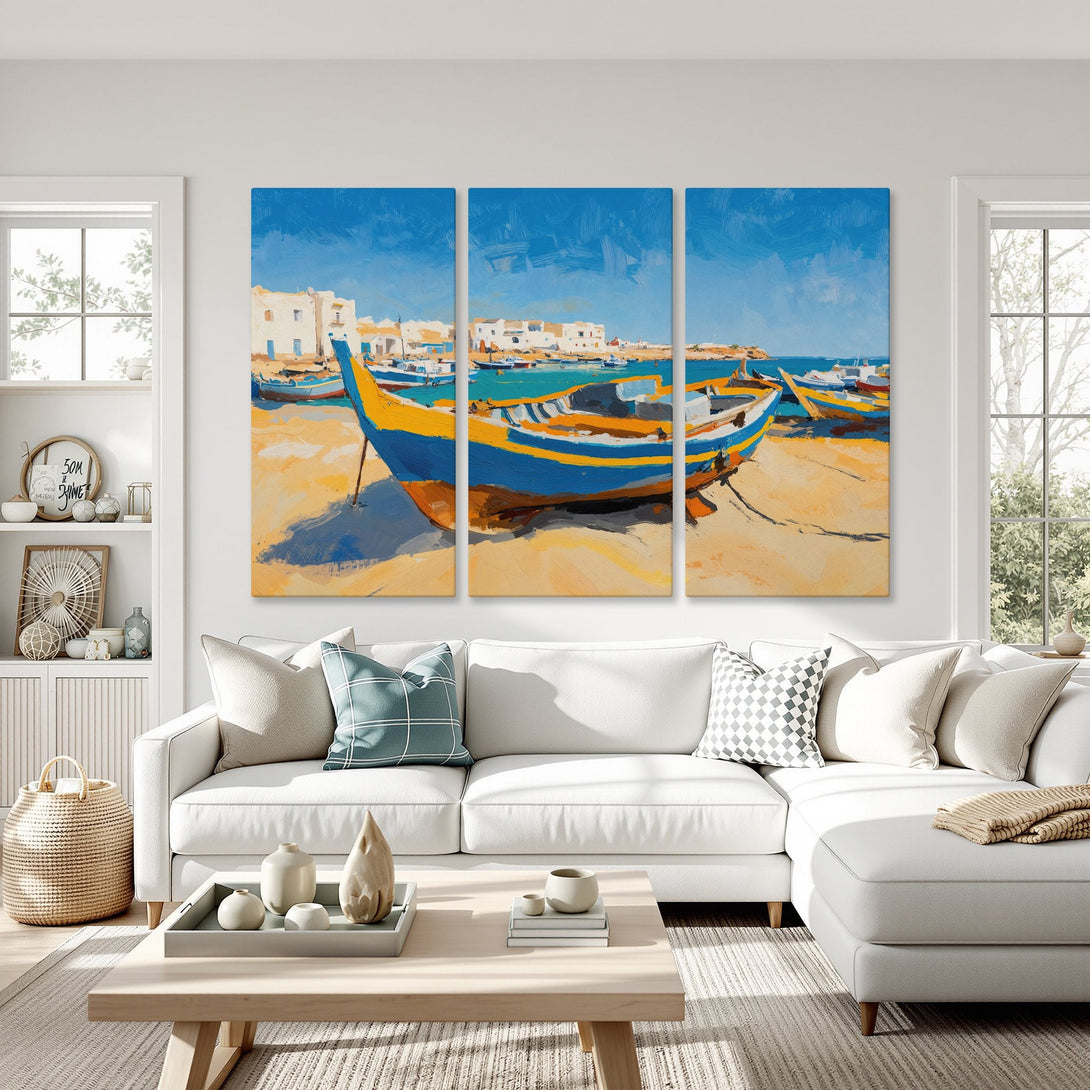 Canvas Print of a coastal scene with boats, blue sky, and yellow sand. Impressionistic style, vibrant blue, yellow, and white color palette.