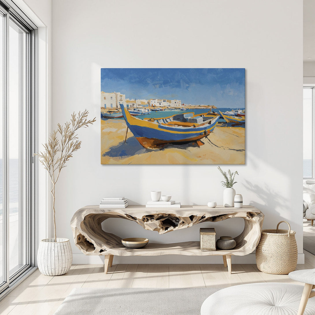 Framed Wall Art: Coastal boat scene in vibrant blue and yellow hues. Add artistic flair to your space with this stunning Canvas Print!