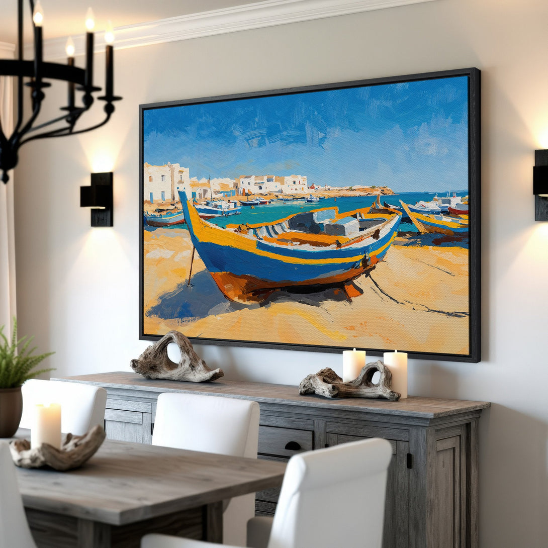 Framed Wall Art featuring a vibrant boat scene in blue, yellow, and white. Coastal art adds a touch of serenity and style to any space. Shop now!