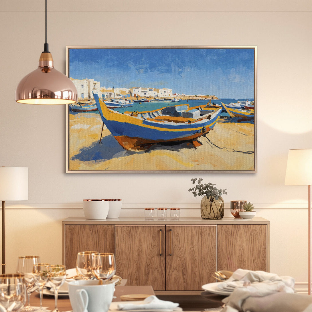 Framed Wall Art: Coastal boat scene in blue, yellow, and white. Add a touch of serenity with this impressionistic Canvas Print for your home.