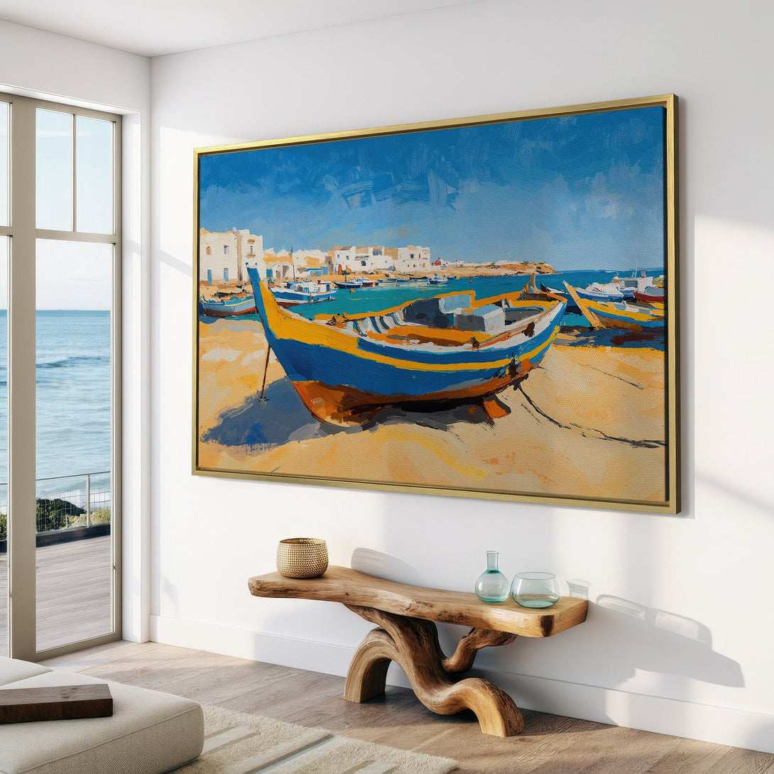 Canvas Print of a vibrant boat painting. Coastal art in blue, yellow, and white. Perfect wall decor for a modern interior.