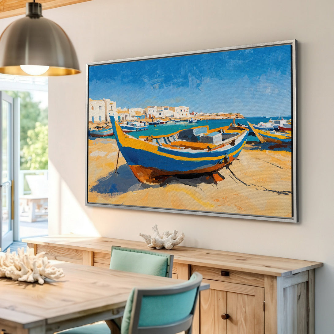 Framed Wall Art: Coastal boat scene in vibrant blue and yellow. Impressionist style canvas print adds a pop of color to any interior.
