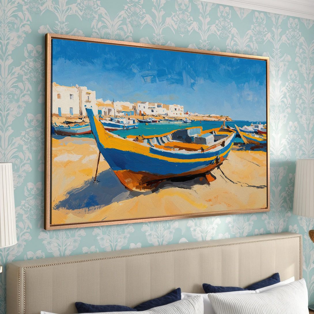 Framed Wall Art: Coastal scene Canvas Print with boats in blue, yellow, and orange. Adds a pop of color to any room. Perfect for beach house decor.