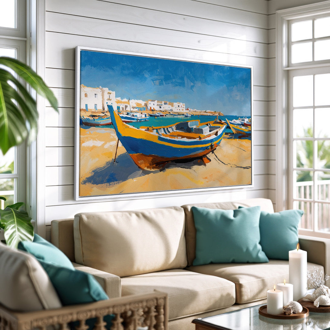 Framed Wall Art: Coastal boat scene in blue, yellow, and white. Perfect for beach house decor. Canvas Print adds a touch of art to any room.