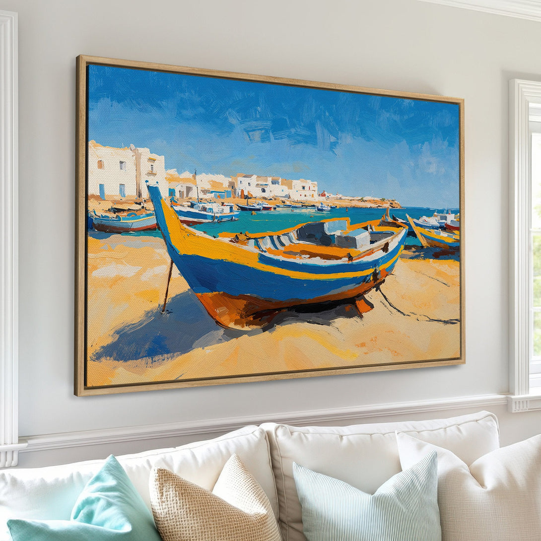 Framed Wall Art: Coastal boat scene in vibrant blue and yellow hues. Perfect for adding a touch of seaside charm to your home decor.