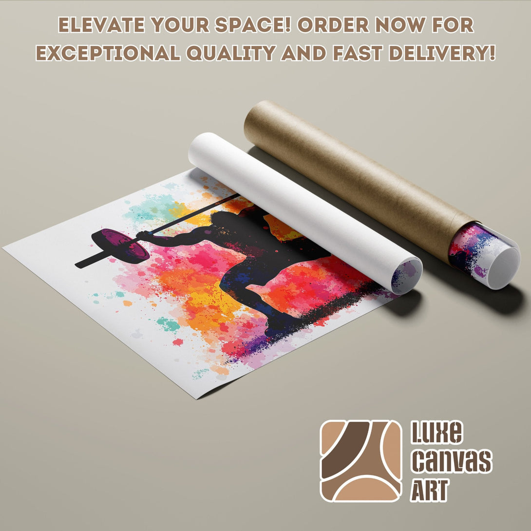 Abstract weightlifting Poster Roll, vibrant color splash art, ready to elevate your space! Order now.