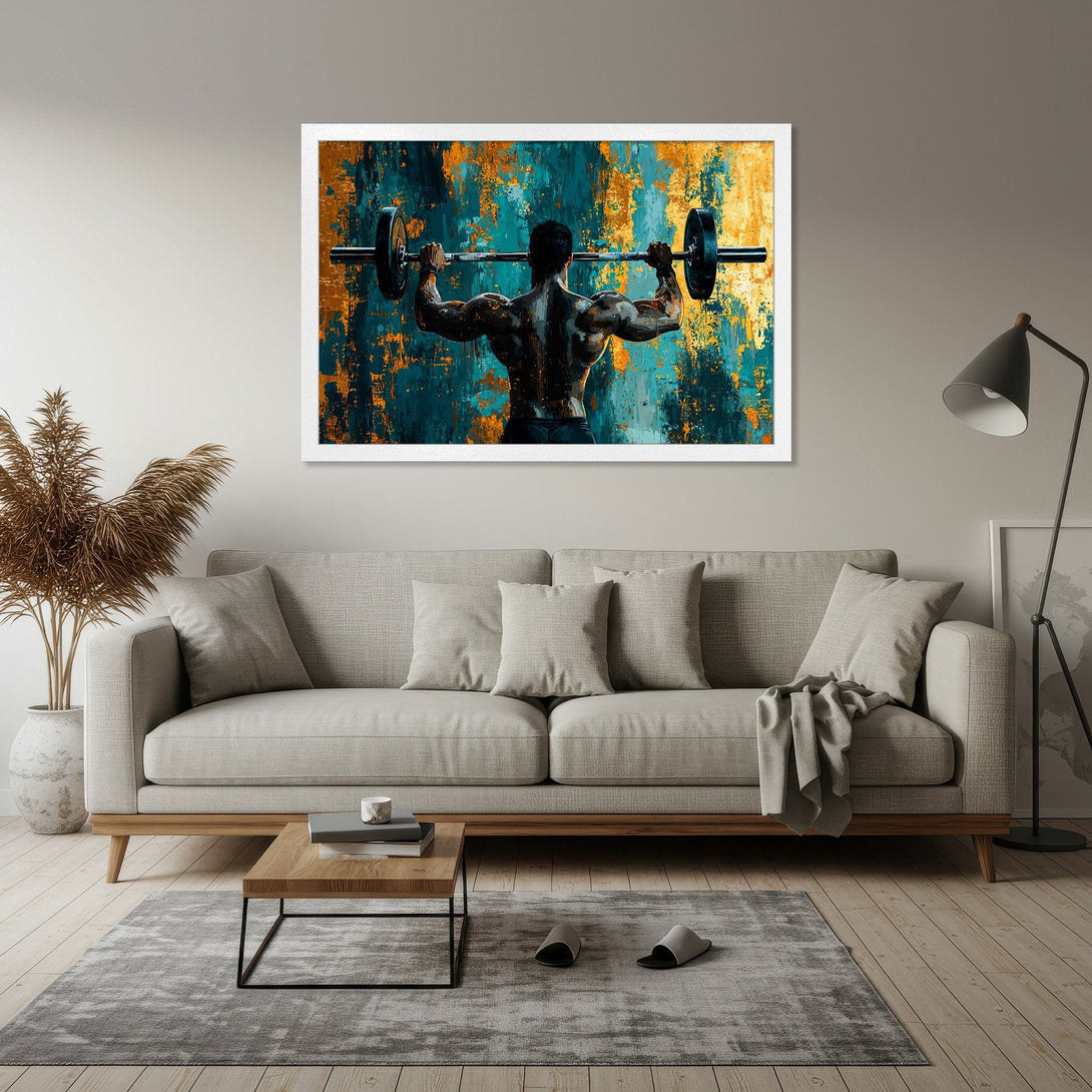Framed Poster: Abstract art of a weightlifter in teal, gold, and black. Perfect for home gym or motivational decor.
