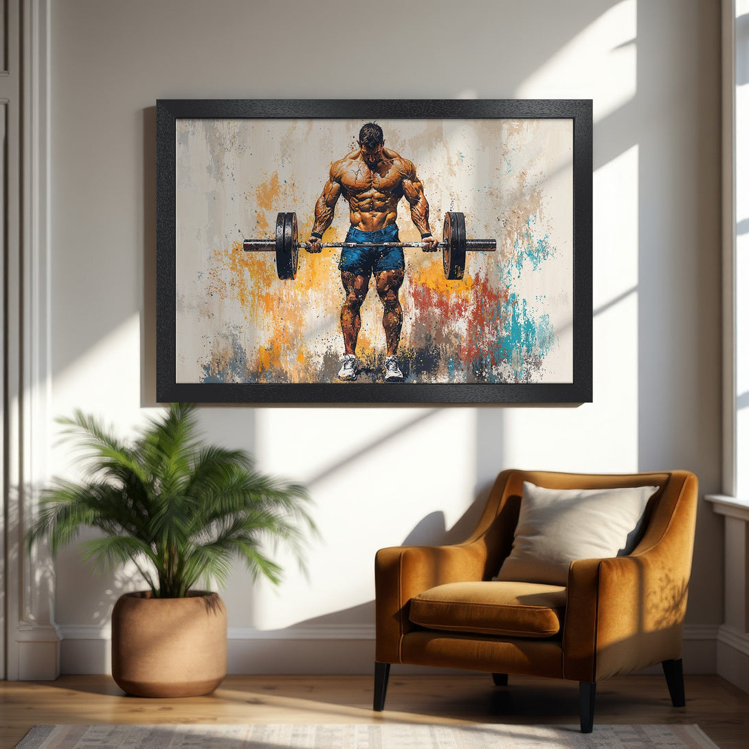 Framed Poster of a weightlifter in abstract style with a warm color palette. Perfect for gym decor!