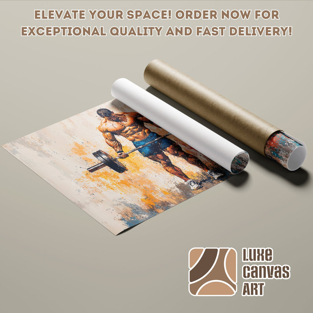 Poster Roll featuring a weightlifter, abstract style, warm color palette. Elevate your space!