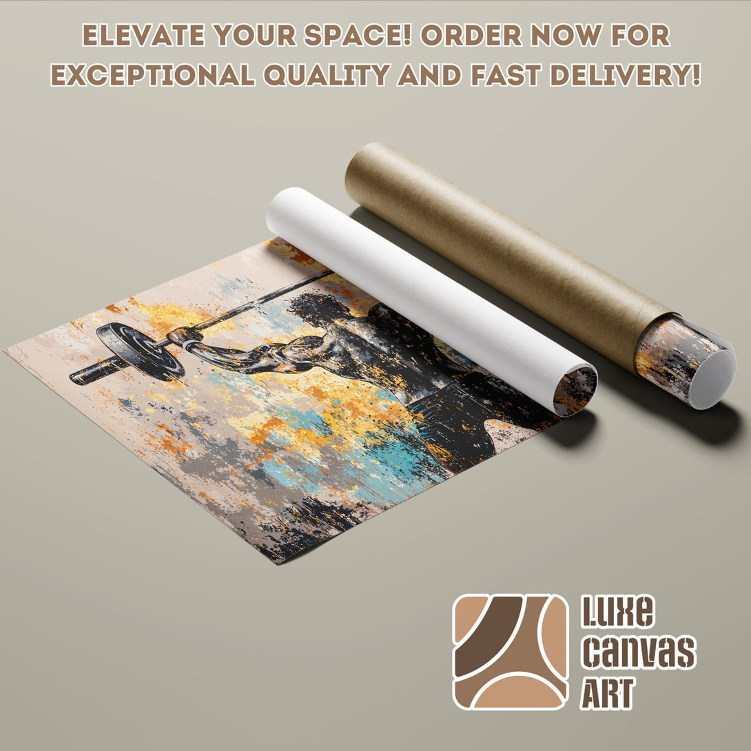 Poster Roll of a weightlifter in abstract style, featuring a neutral and colorful palette. Elevate your space!