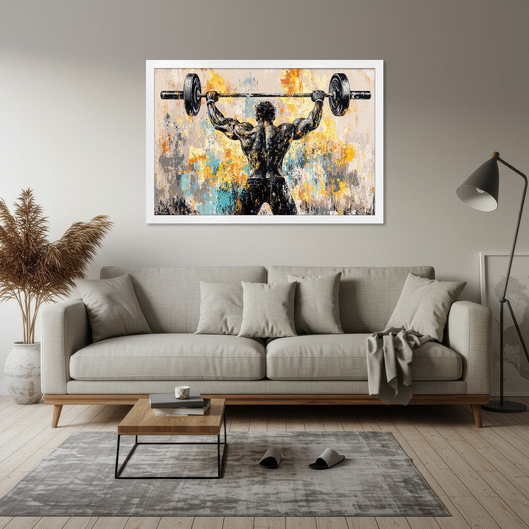 Framed Poster featuring a weightlifter, abstract style, with a colorful, modern palette. Perfect for home gym or decor!
