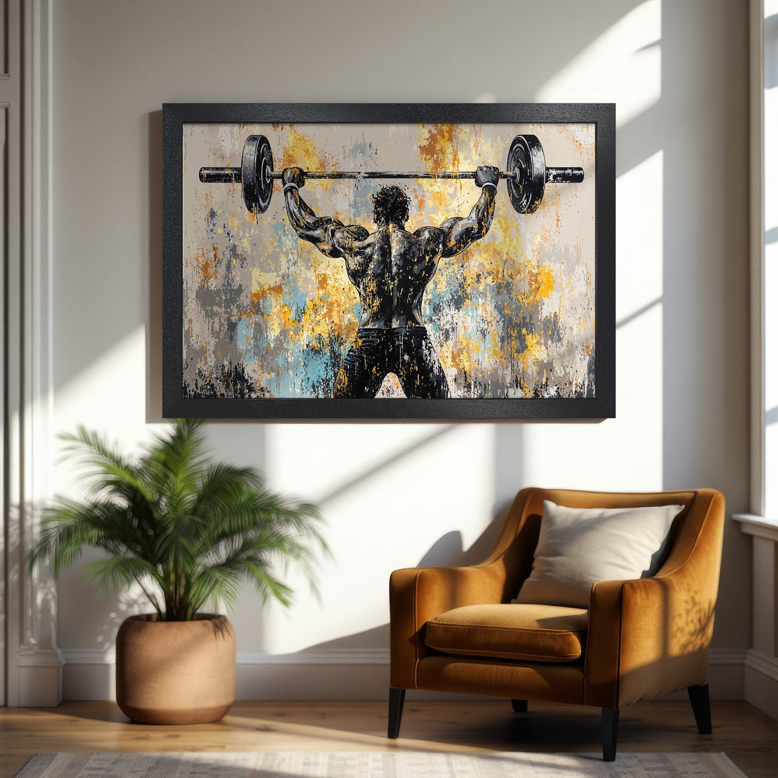 Framed Poster featuring a weightlifter in an abstract style. Earthy tones of yellow, brown, and gray create a bold statement.