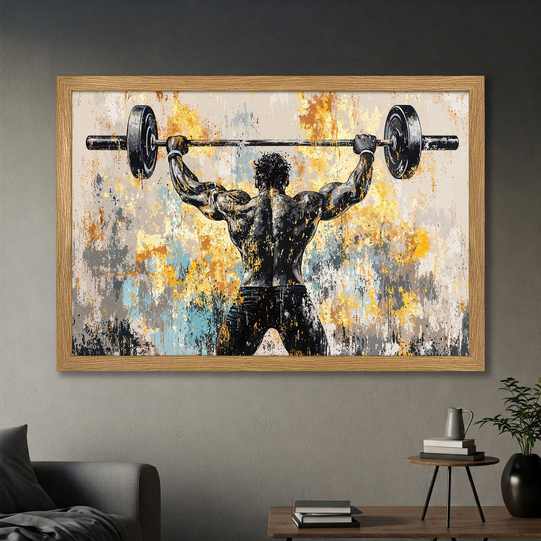 Framed Poster of a weightlifter in abstract style, featuring a vibrant color palette of yellow, gray, and blue. Perfect gym decor!