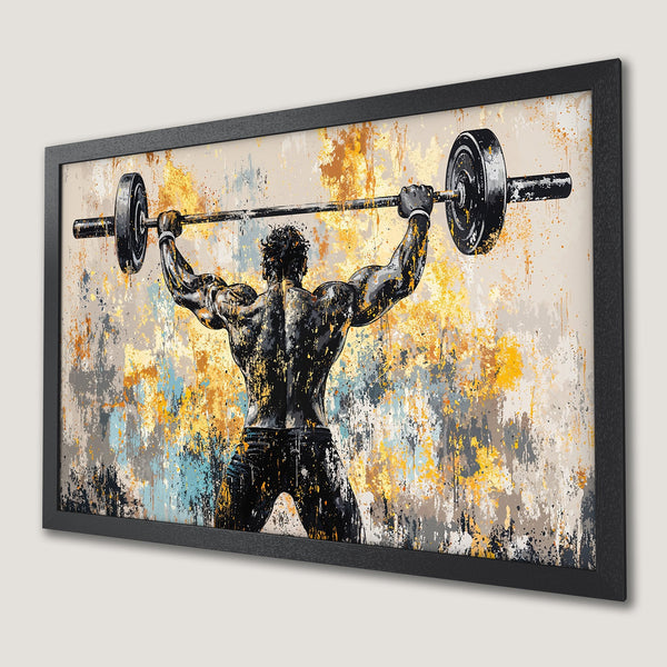 Framed Poster featuring a weightlifter in a bold, abstract style. Black, gold, and grey color palette. Perfect for gym decor!