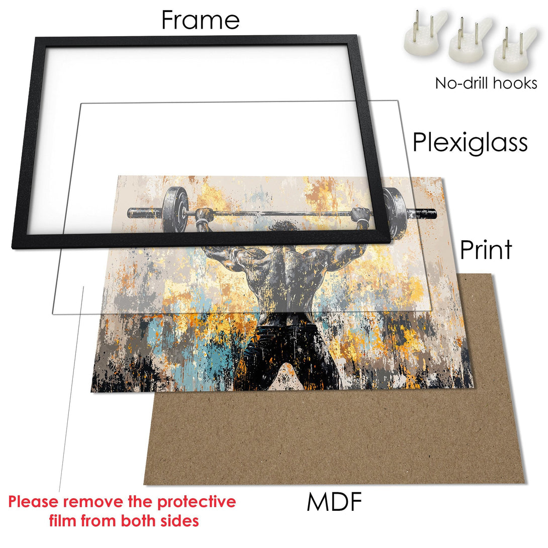 Framed Poster of a weightlifter in an abstract style with a muted color palette. Perfect for gym decor!