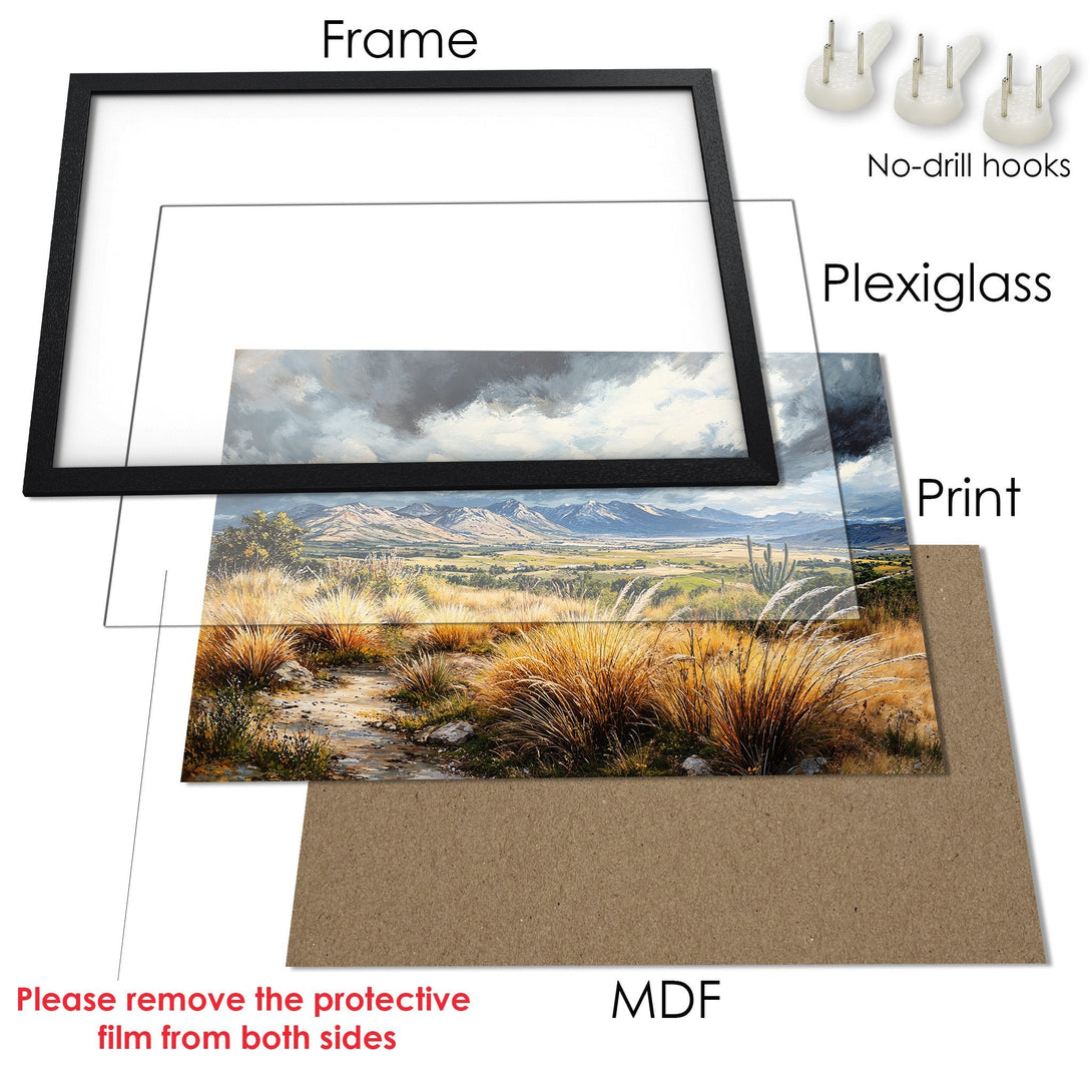 Framed Poster of a scenic landscape in a painterly style with earthy tones and a dramatic sky. Ready to hang!