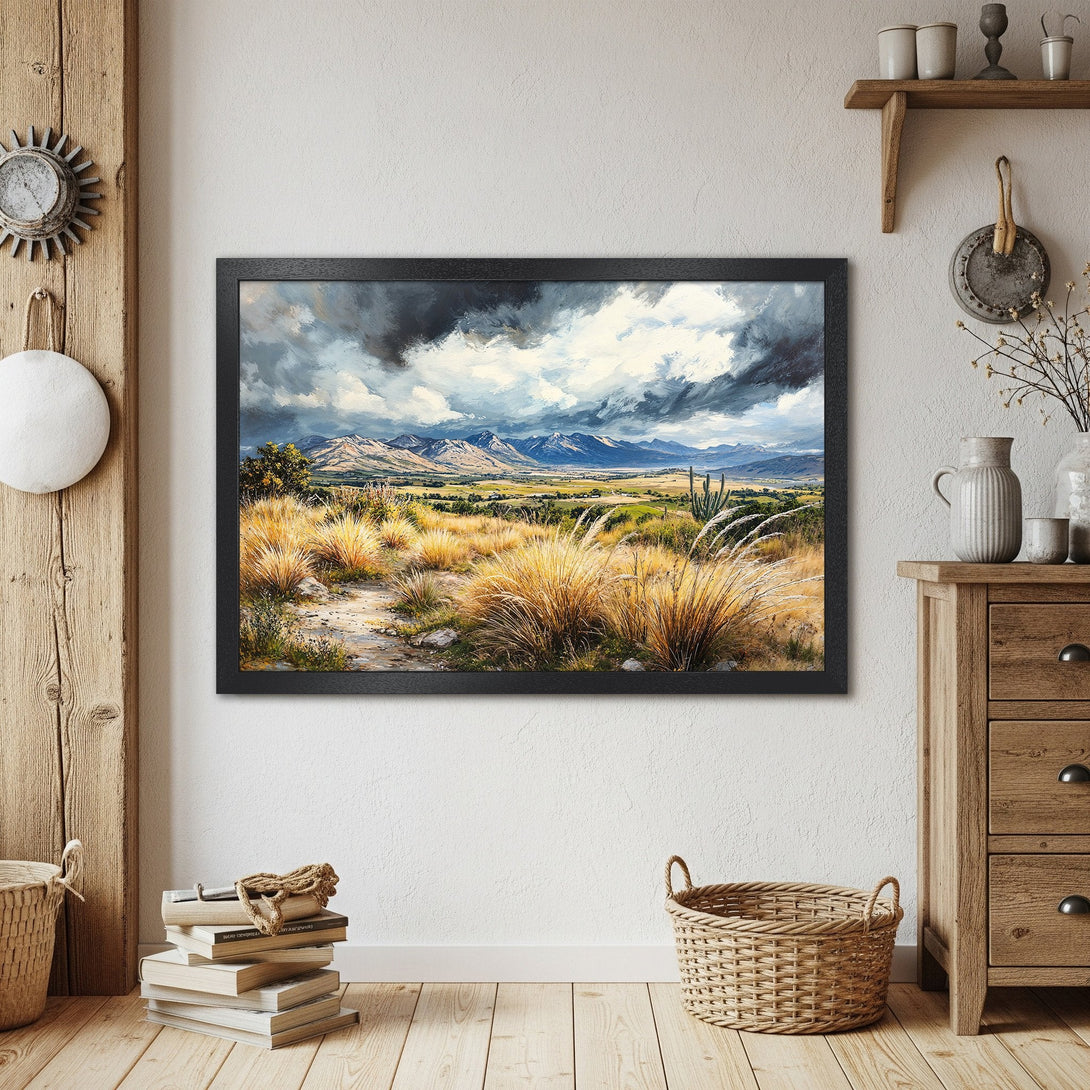 Framed Poster of a landscape painting with mountains, in a rustic style with a warm, earthy color palette.