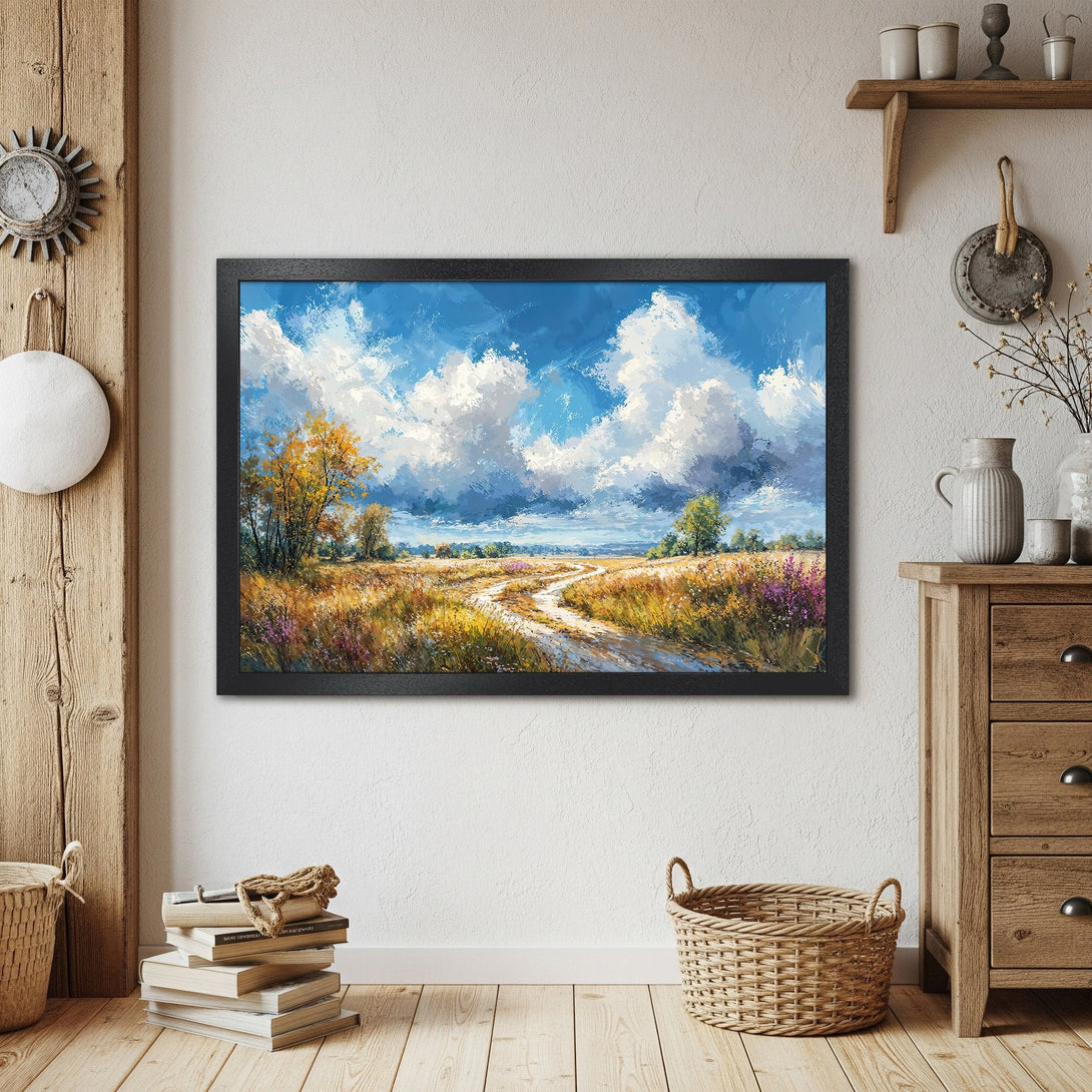 Framed Poster of a vibrant landscape painting. Features a blue sky, sunny field, and warm color palette. Perfect wall art!