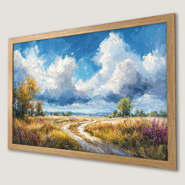 Framed Poster of a landscape painting with a path through a field, featuring a blue, yellow, and green color palette.