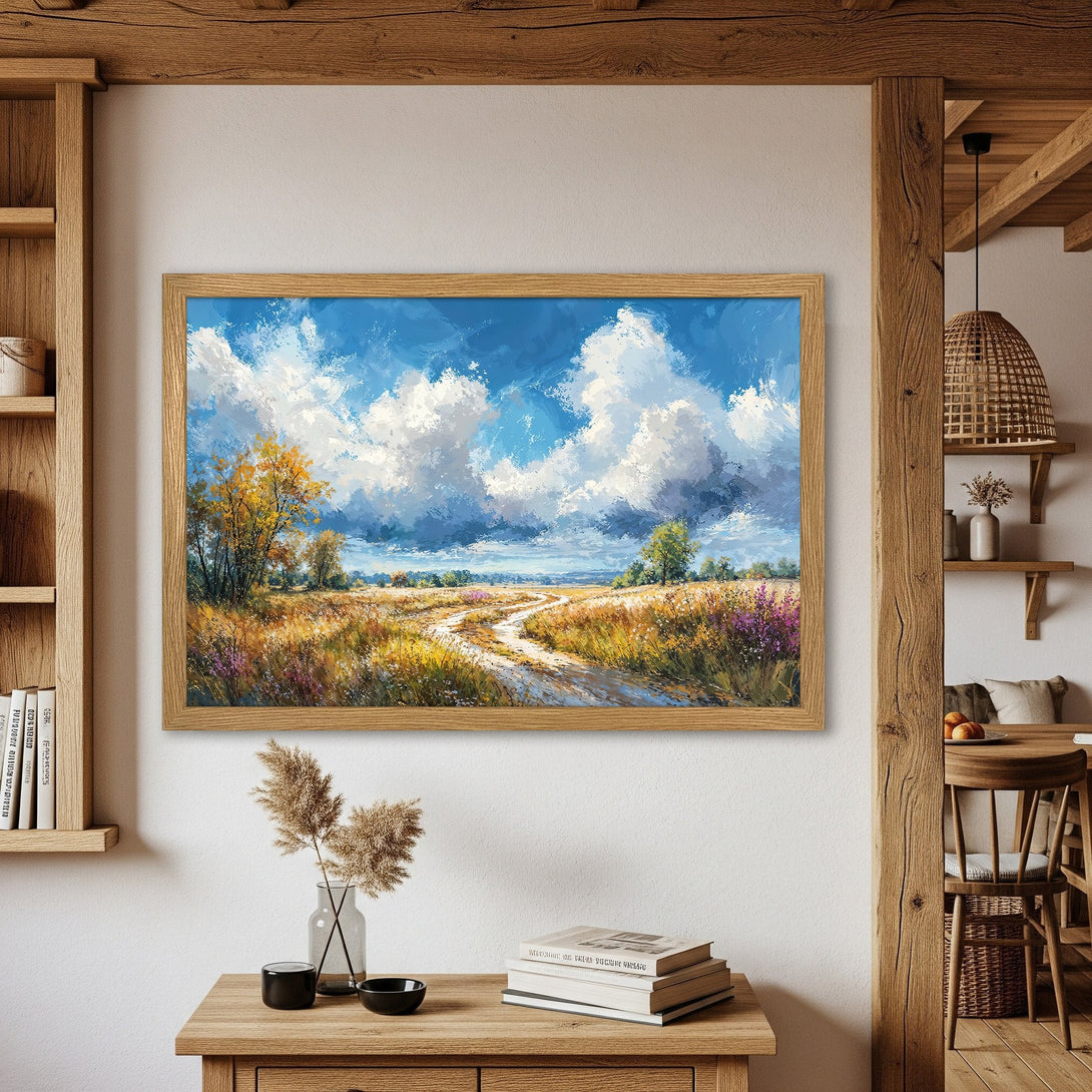 Framed Poster of a vibrant landscape painting with a blue sky, impressionistic style, and warm color palette. Perfect wall art!