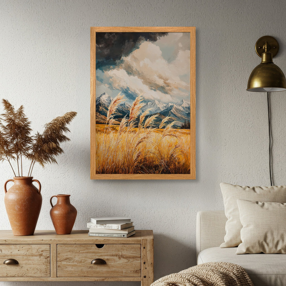 Framed Poster featuring a mountain landscape painting in a warm, earthy color palette. Perfect wall art for your home!