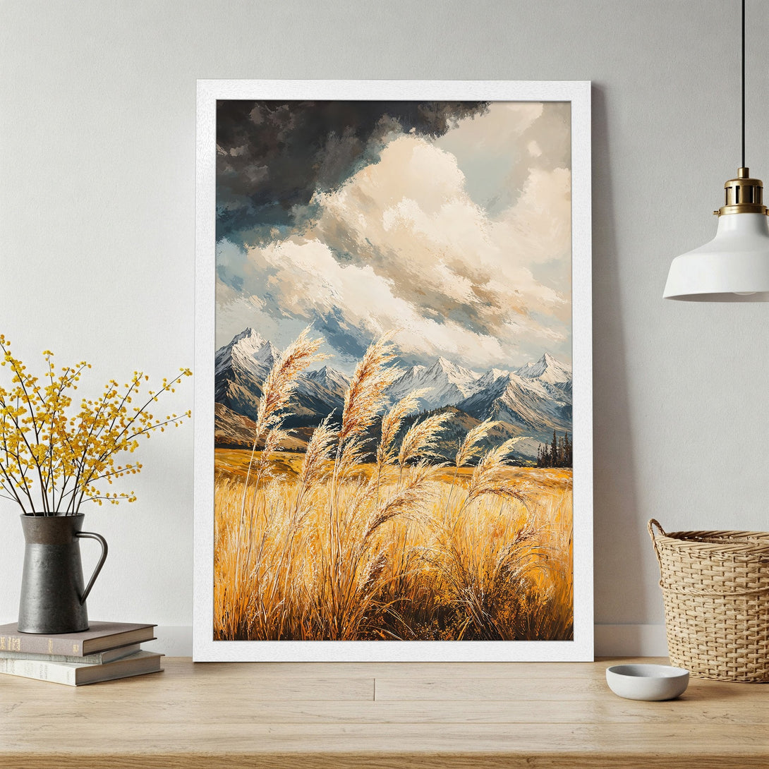 Framed Poster of a mountain landscape in an impressionist style with a warm, earthy color palette. Perfect wall art for your home.