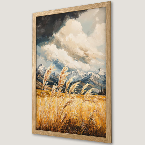 Framed Poster featuring a landscape painting of mountains and golden fields. Artistic style with warm, earthy tones and cool sky. Perfect wall art.