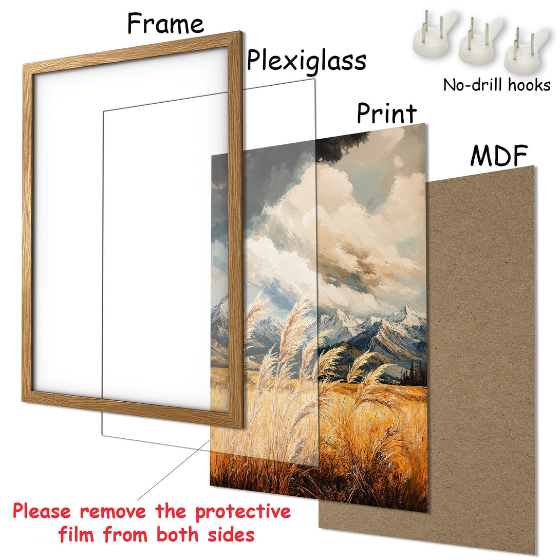 Framed Poster: Mountain landscape art print in warm tones. Perfect for adding a touch of nature and style to your home decor.