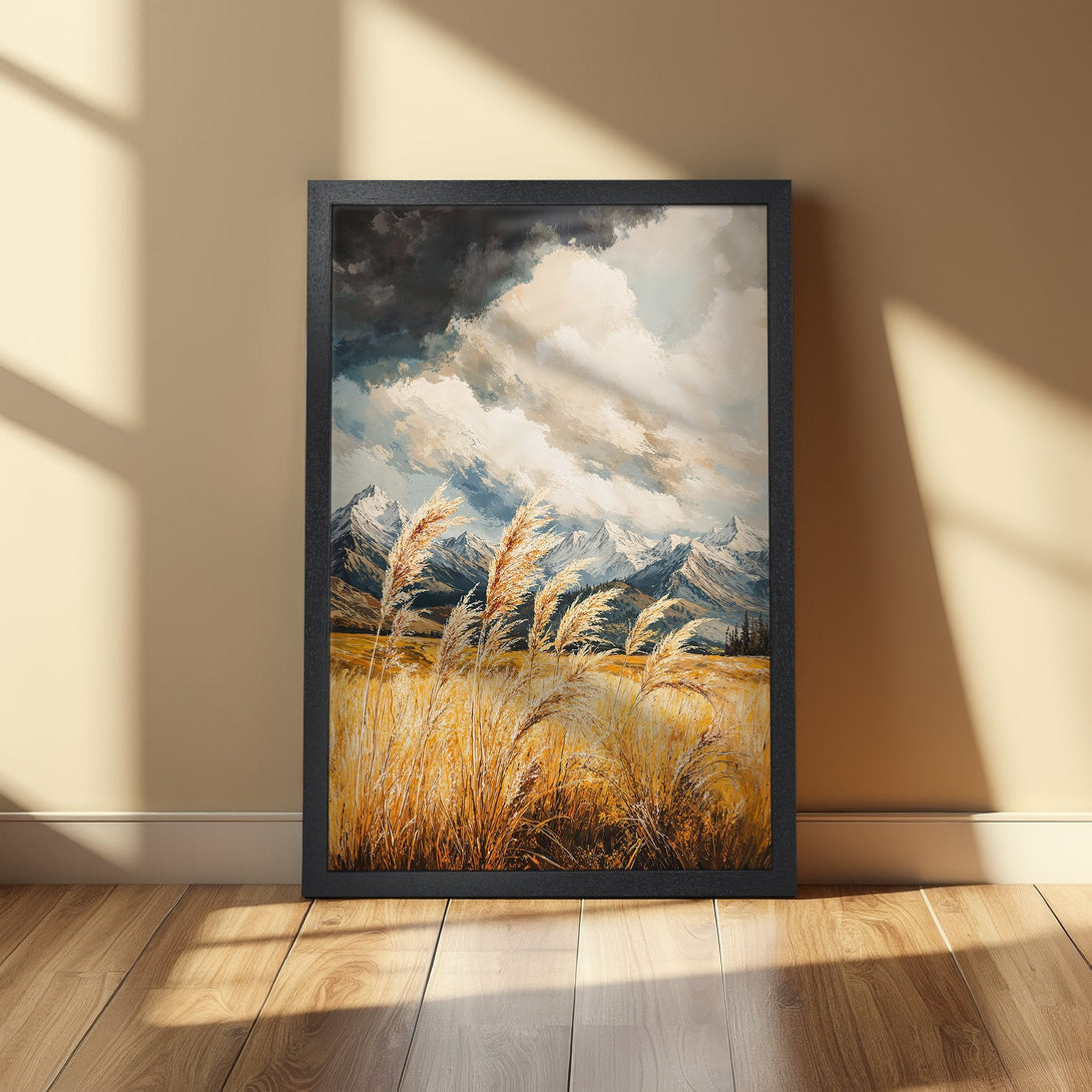 Framed Poster featuring a landscape painting of mountains and tall grass in a warm, earthy color palette. Perfect wall art!