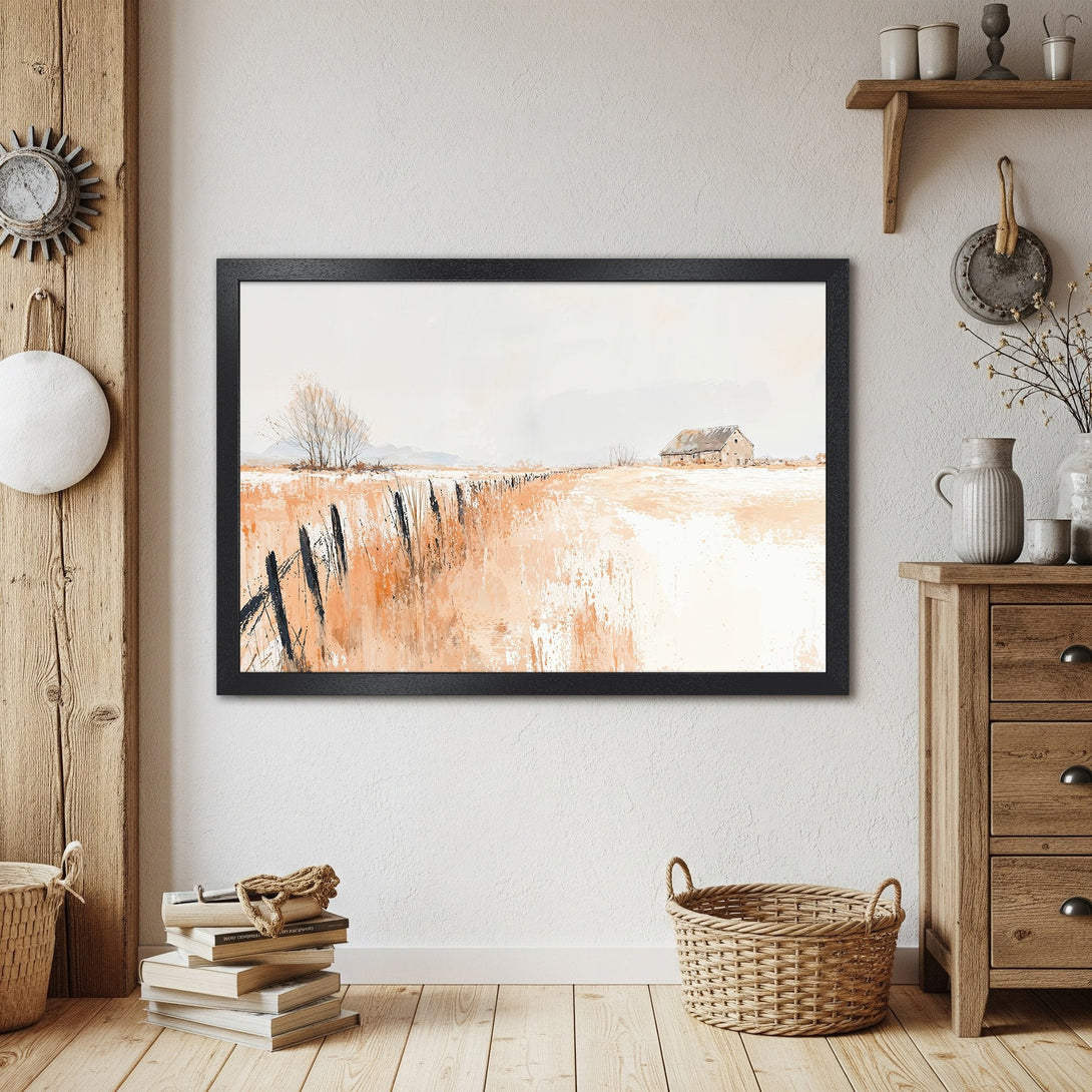 Framed Poster of a serene landscape painting in neutral tones, featuring a barn and field. Rustic style, warm color palette.