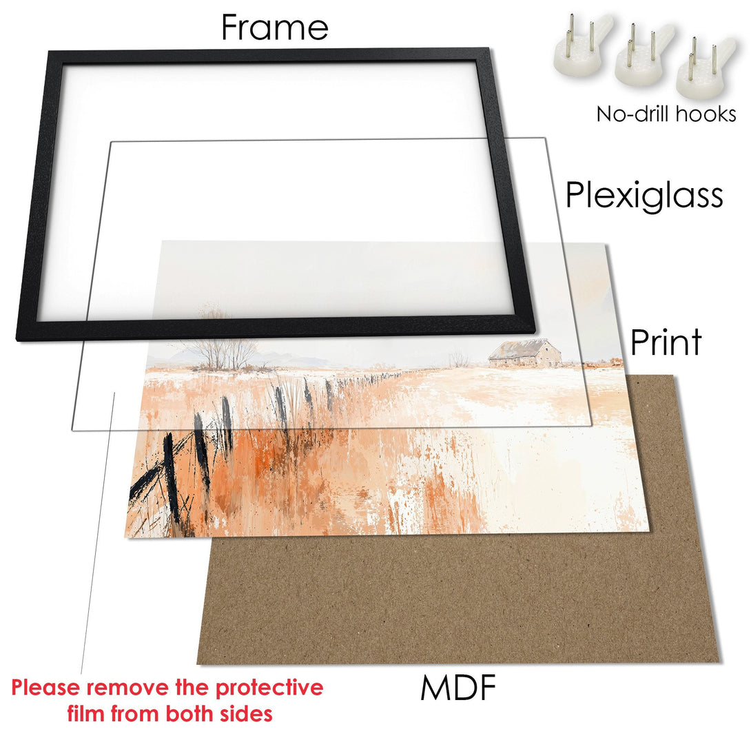 Framed Poster: Abstract landscape art print in warm orange and neutral tones. Ready to hang art for your home.