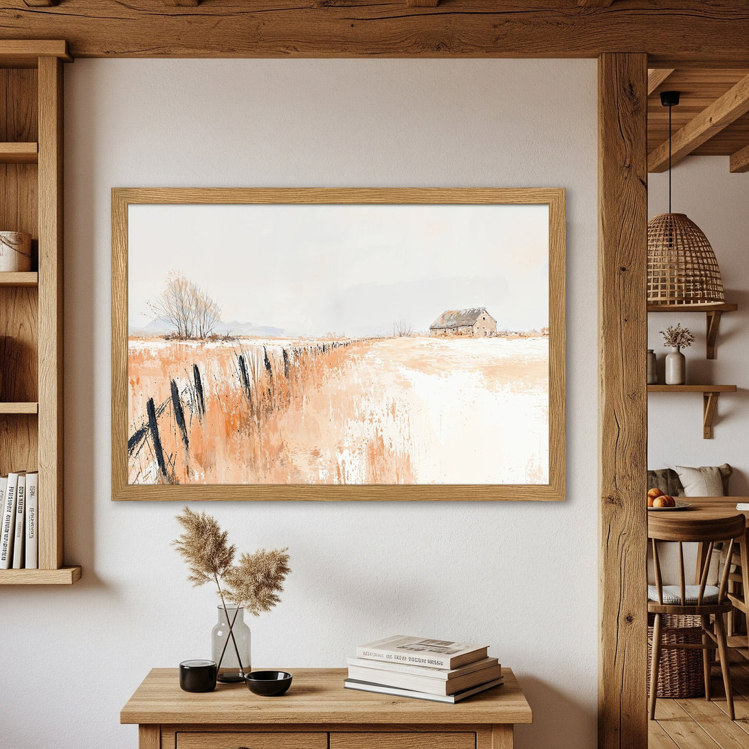Framed Poster featuring a serene landscape painting in a neutral color palette, perfect for adding a touch of rustic charm to your home.