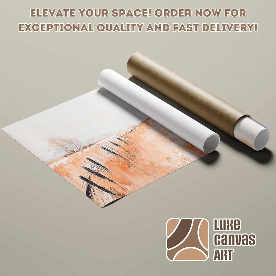 Abstract landscape poster roll in warm orange and neutral tones. Elevate your space with this art poster!