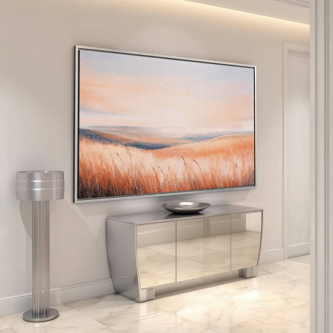 Framed Wall Art: Abstract landscape Canvas Print in warm orange and blue tones. Perfect for adding a touch of modern art to your home decor.