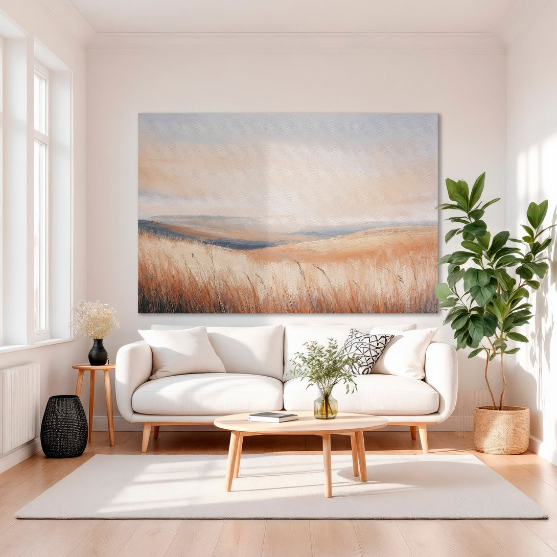 Framed Wall Art: Abstract landscape Canvas Print in warm orange and blue tones. Modern art for living room decor. Adds a touch of elegance to any space.