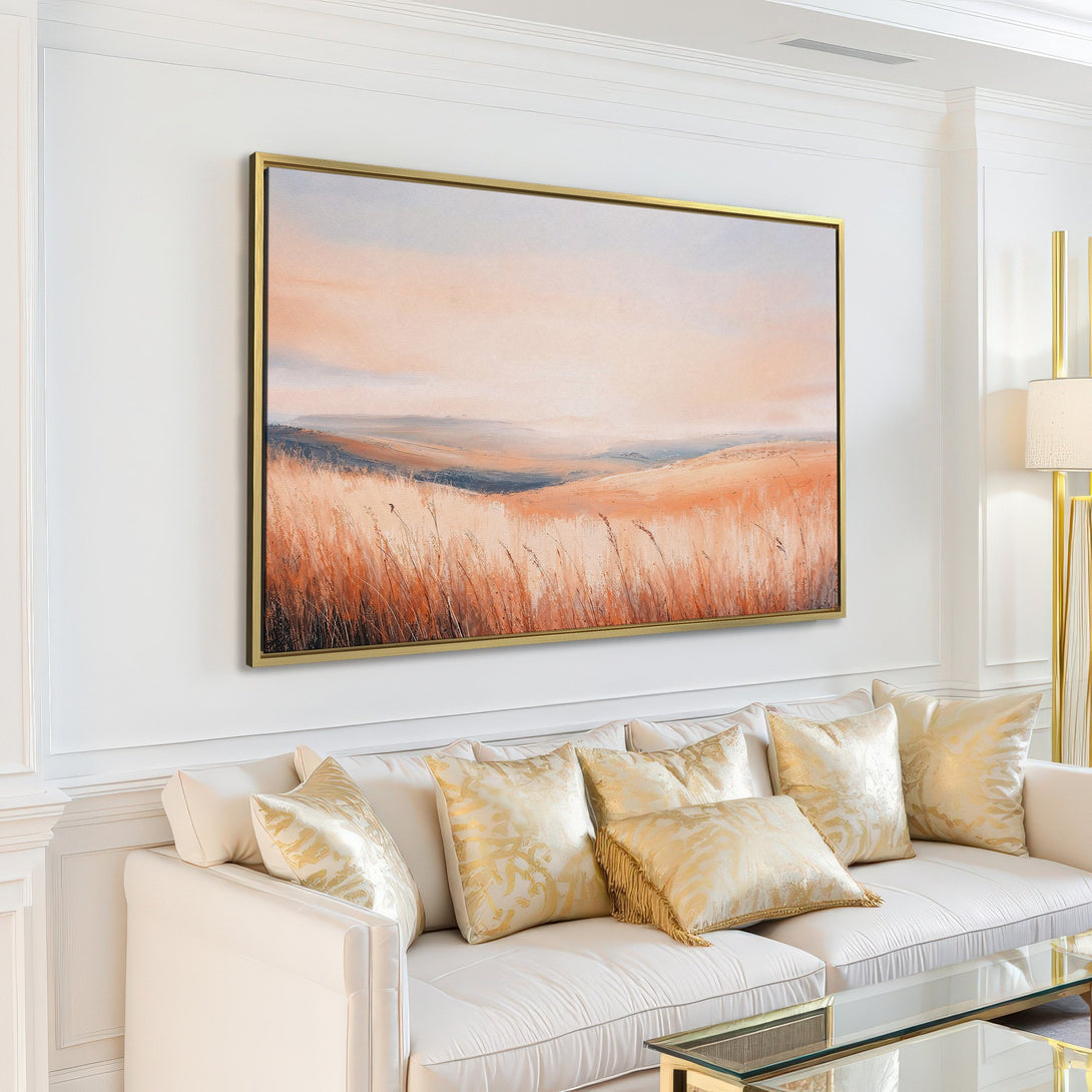 Canvas Print of a serene landscape painting in warm, neutral tones. Modern art to elevate your living room decor.