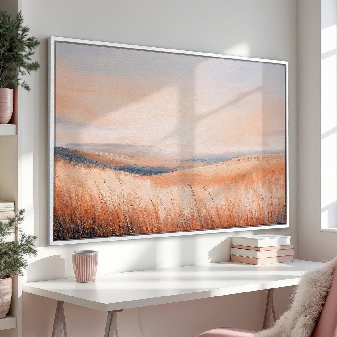 Framed Wall Art featuring a serene landscape painting in warm, neutral tones. Perfect for adding a touch of calm to any space.