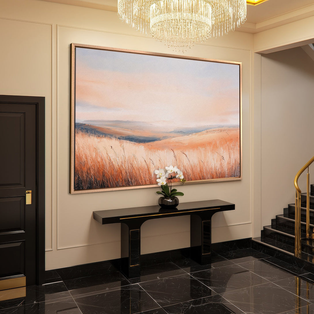 Framed Wall Art: Landscape Canvas Print in warm orange & blue hues. Modern art for home decor. Enhance your space with this stunning artwork.