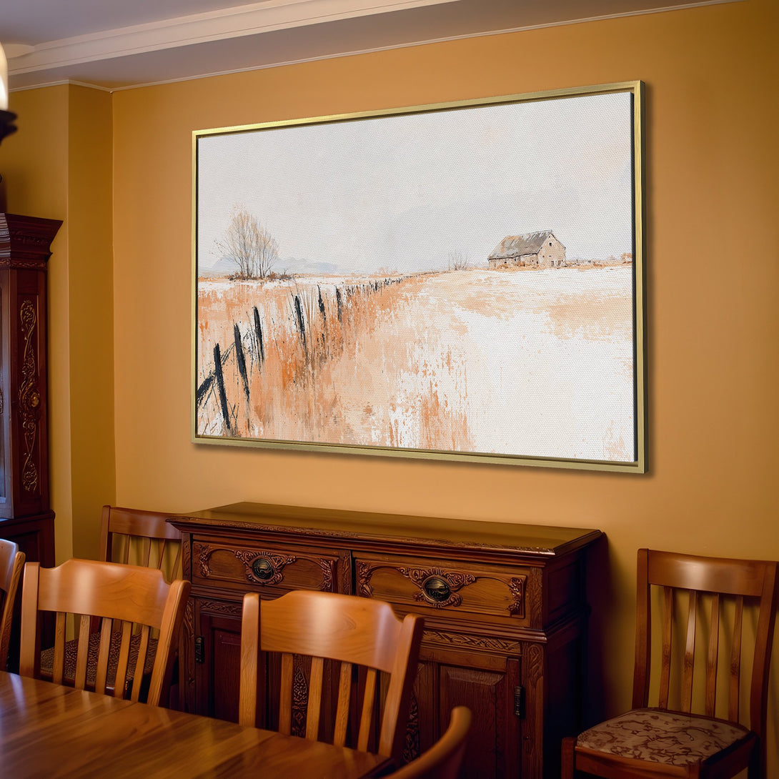 Canvas Print of a serene landscape painting in neutral tones. Rustic style wall art perfect for a cozy living room.